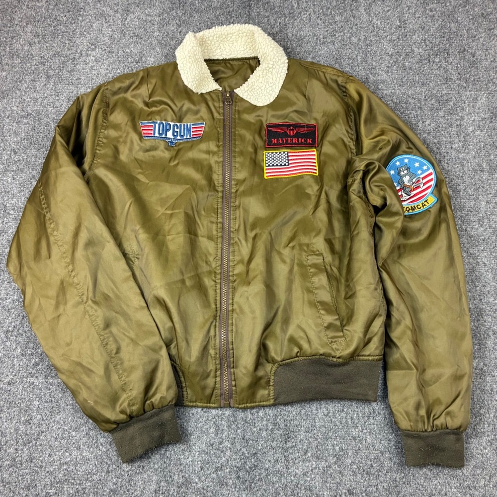 Top Gun Maverick Bomber Jacket Olive Green Sherpa Collar Patches Mens Size Large